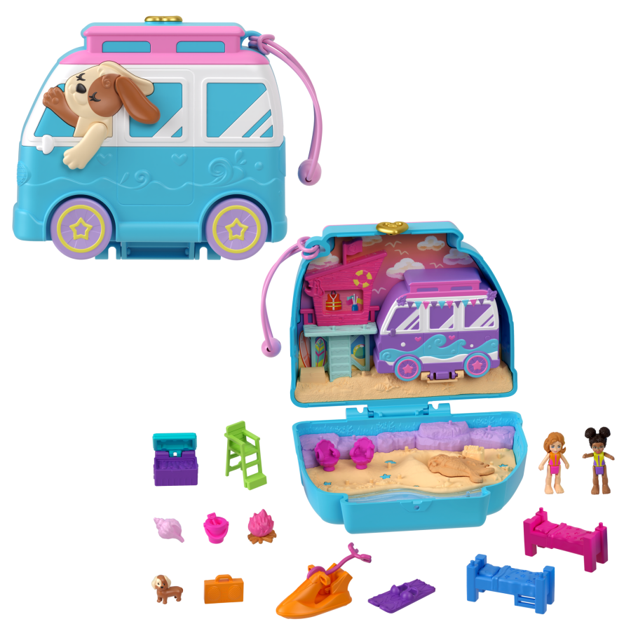 Polly Pocket Dolls And Playset, Travel Toys, Seaside Puppy Ride Compact *Damaged Box*