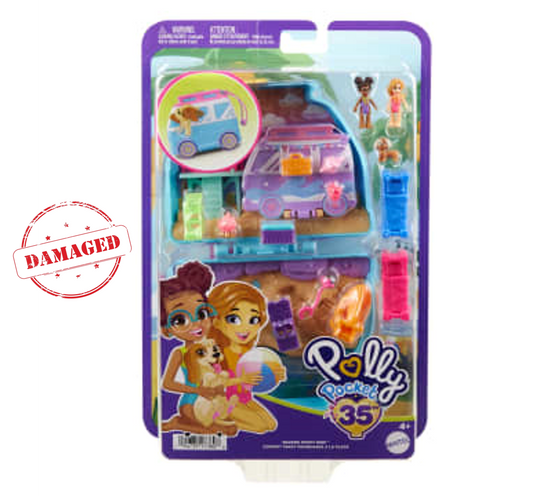 Polly Pocket Dolls And Playset, Travel Toys, Seaside Puppy Ride Compact *Damaged Box*