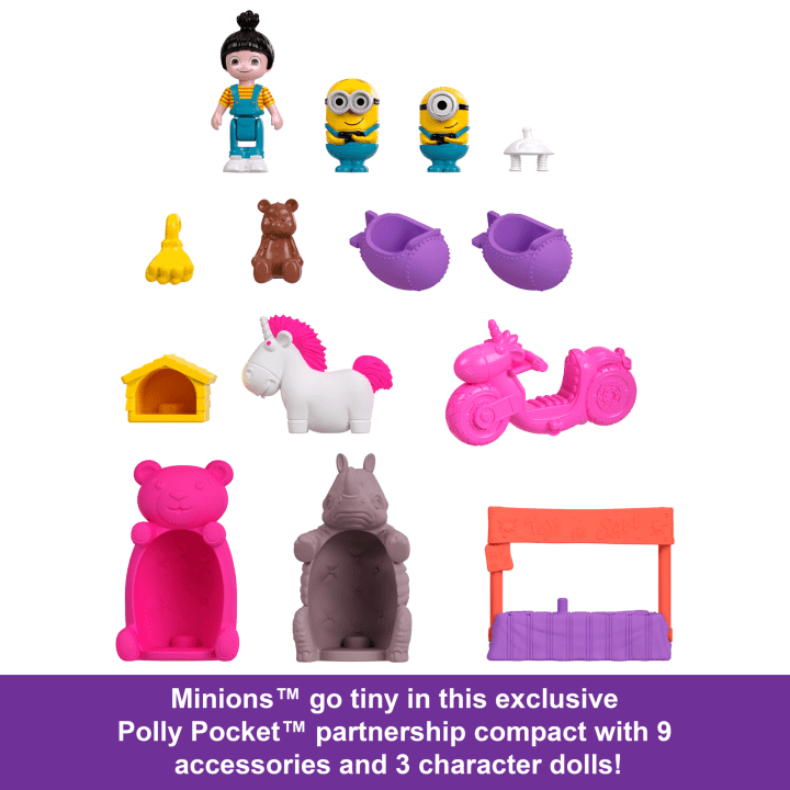 Polly Pocket Playset, Minions Compact With 9 Accessories, 1 Doll, 2 Minions And Unicorn Toy